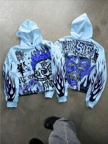 Men's Spring/Fall Y2K Niche Graffiti Abstract Print Couple's Oversized Casual Versatile Hoodie - 藍色 - 查看 1