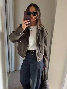 Chaqueta de ante gris para mujer, de corte oversize, de uso casual, con bolsillos con cremallera, para otoño e invierno