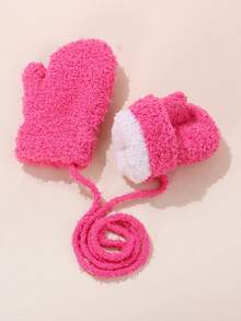 3双儿童冬季毛绒内衬针织保暖手套，带绳，适合幼儿和儿童