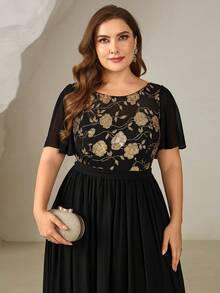 EVERPRETTY Đầm dạ hội màu đen sang trọng cỡ lớn với họa tiết hoa vàng và sequin, chất liệu chiffon tương phản, hoàn hảo cho mùa thu đông, tiệc cưới, mùa xuân. - màu đen - Xem 6