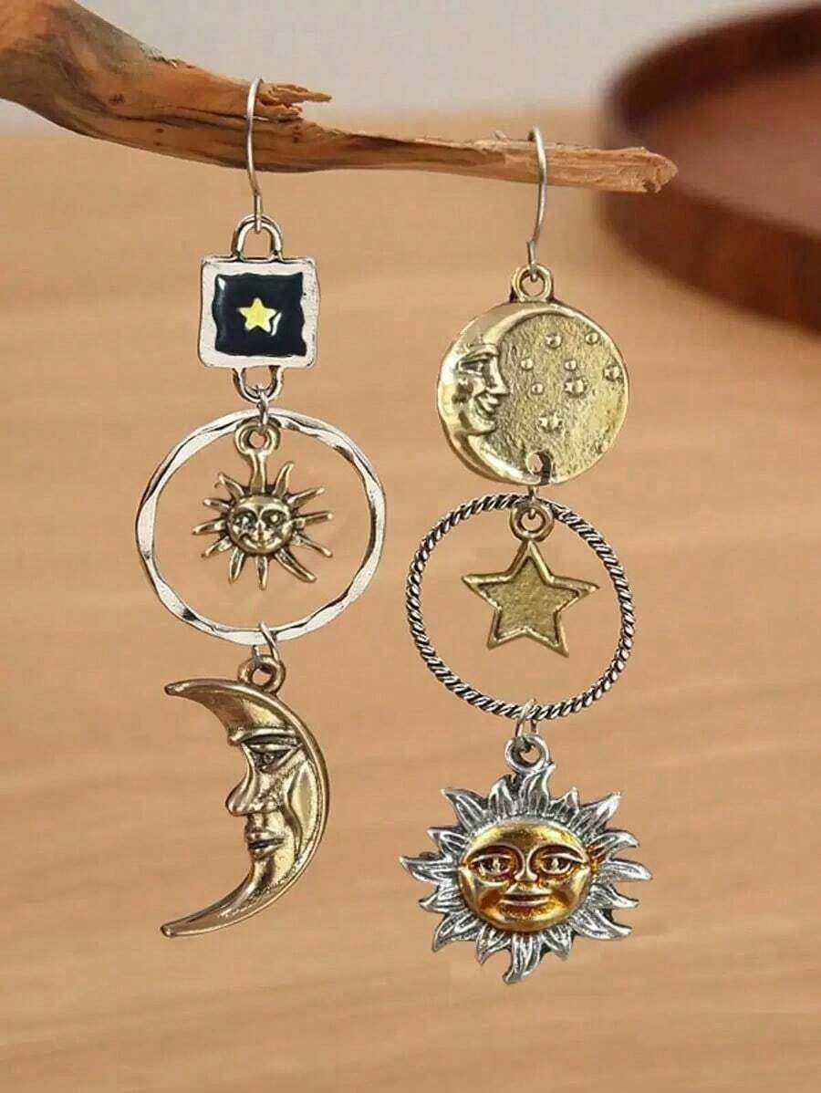 1 Pair Retro Creative Moon & Sun Long Pendant Earrings, Fashion Jewelry For Men - 彩色 - 查看 1
