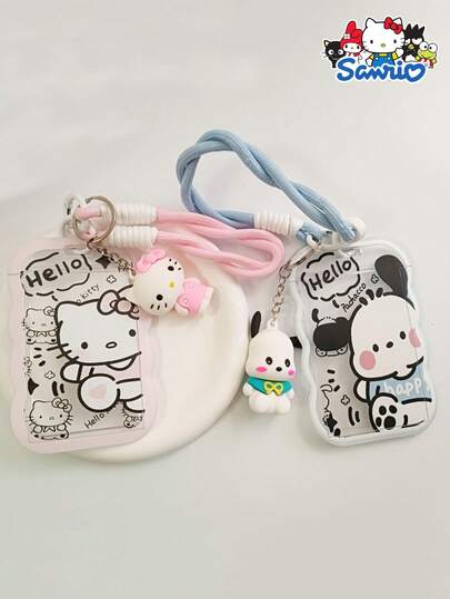 Sanrio 1 pezzo Porta tessera di identità Sanrio, porta tessera di identità Sanrio autorizzato di alta qualità con ciondolo e nastro, custodia in plastica rigida per Hello Kitty e Pochacco