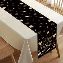 1Pc 2026 Black Gold New Year Linen Table Runner,Happy New Year Table Cover With Balloons,Firework And Gifts Design,183*33cm Linen Cloth Tablecloth,New Year Home Decor,New Year Party Supplies,New Year Celebration Decorations,New Year's Eve Decor,Kitchen Decor,Tabletop Decor
