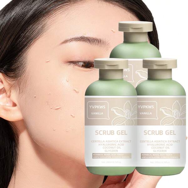 200 ml Gel gommage corporel à la fraise, à la pêche, à l'orange, à la vanille, à la rose, au citron et au curcuma avec de l'acide hyaluronique pour l'hydratation, de l'extrait de Centella Asiatica, de l'huile de jojoba, du squalane, de l'extrait d'aloe vera, de la vitamine C pour éclaircir la peau, de l'huile de noix de coco pour un exfoliant physique, doux et non irritant, hydratant et nourrissant