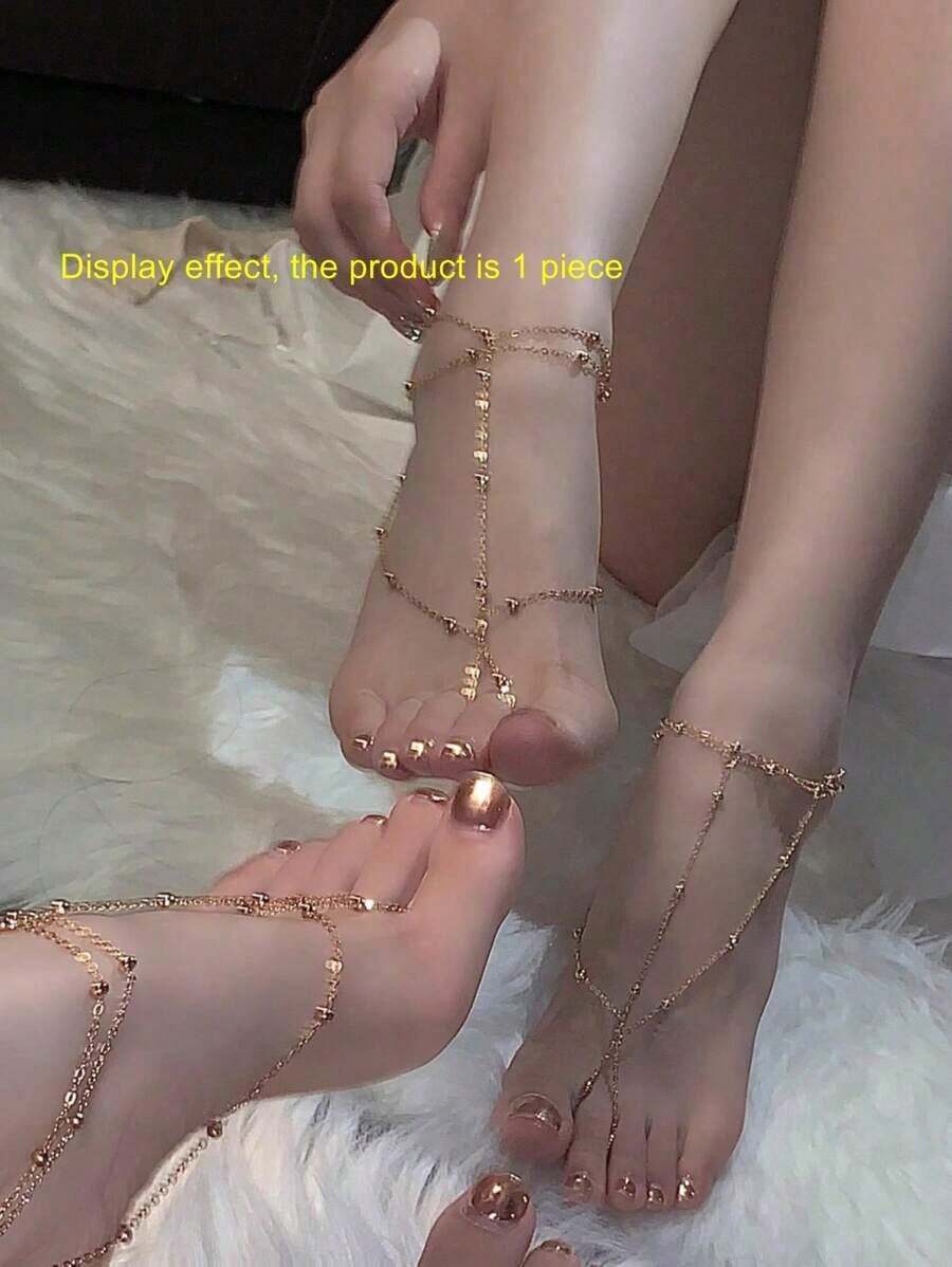 1pc Fashion Metal Beaded Anklet For Women Exquisite Multilayer Mesh Tassel Toe Foot Jewelry Wedding Party Accessories Gift(Avoid Contact With Water) - Gold - View 1