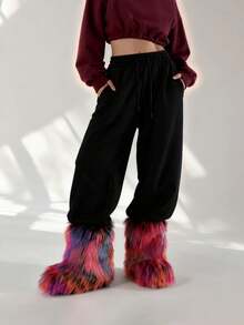 Women's Multicolor Boots Faux Fur Boots Slip-On Mid-Calf Boots, Fluffy Furry Warm Winter Snow Boots Fashion Y2K Style For Halloween, Christmas, Holiday Party - 中紫紅色 - 查看 5