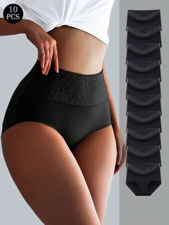 10 ชิ้น กางเกงในผู้หญิงเอวสูง Jacquard ผ้าฝ้ายนุ่มสบาย ระบายอากาศได้ดี