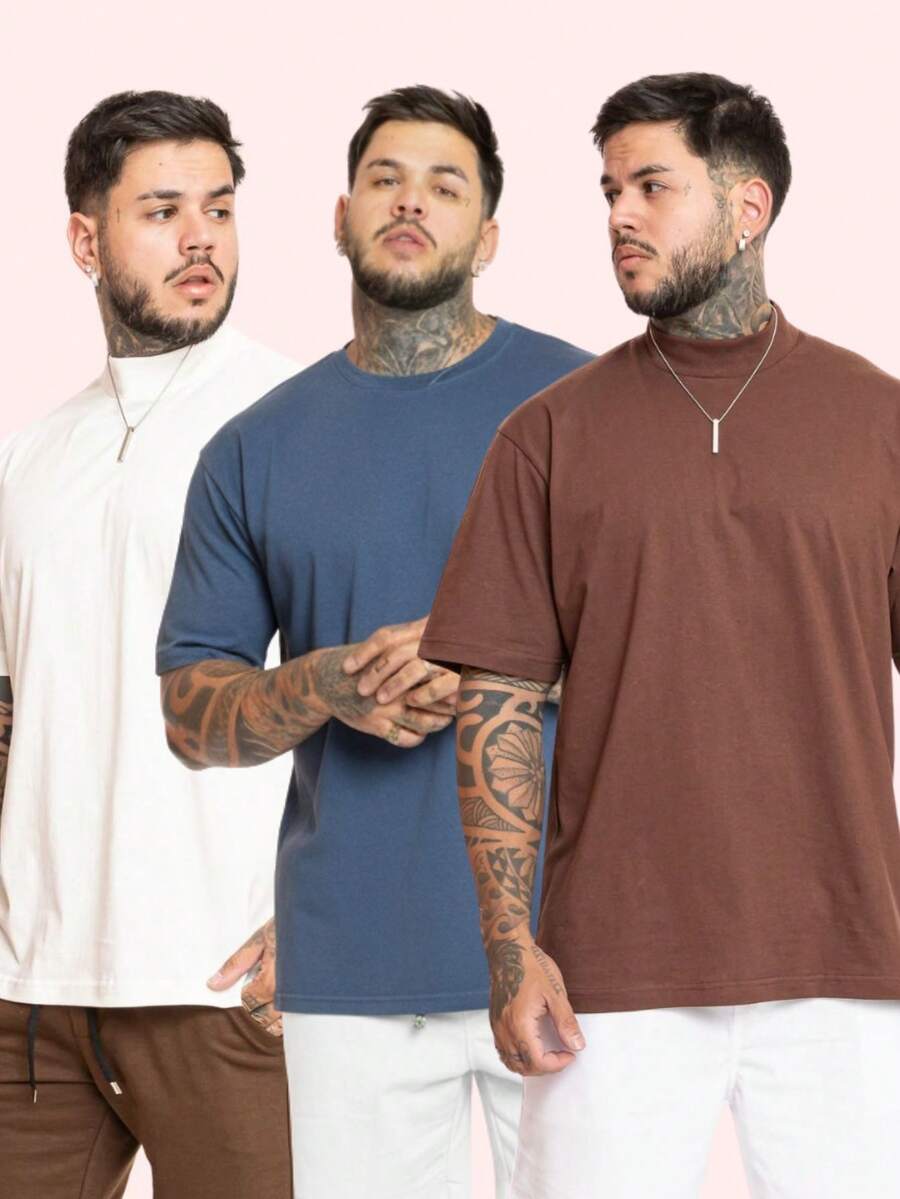 Kit 3 Premium Men's Oversized T-Shirts, Trap Street Style, Gringa Bodybuilder Cotton, Children's Day - 白色,棕色和藍色 - 查看 1