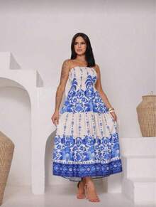 Women's Strapless Tropical Print Dress - Màu xanh lam - Xem 6