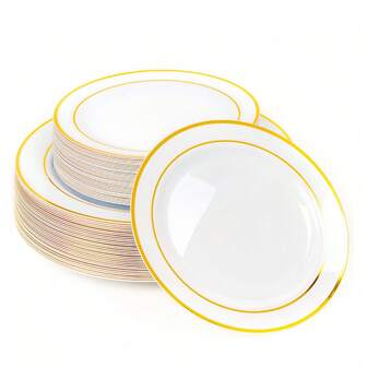 100/50/25/12 件金边盘子 - 白色带金边，派对盘子，沙拉盘，餐盘，易清洁可重复使用的餐具套装，包括：10.25 英寸餐盘和 7.5 英寸甜点盘，非常适合家庭聚会、派对、户外、生日、婚礼、万圣节和圣诞节