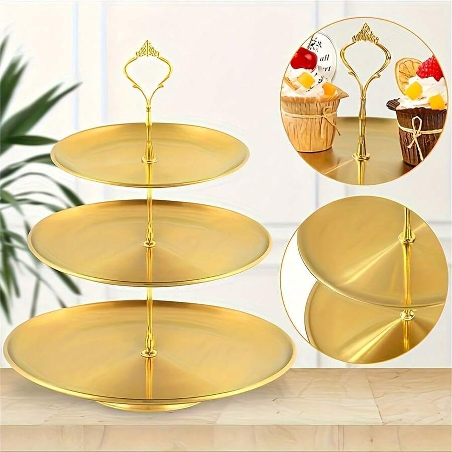 1pc Stainless Steel Gold Round 2/3 Tier Cake Plate, Dessert Display Stand For Christmas, Birthday Party Serving Platter - Vàng - Xem 1