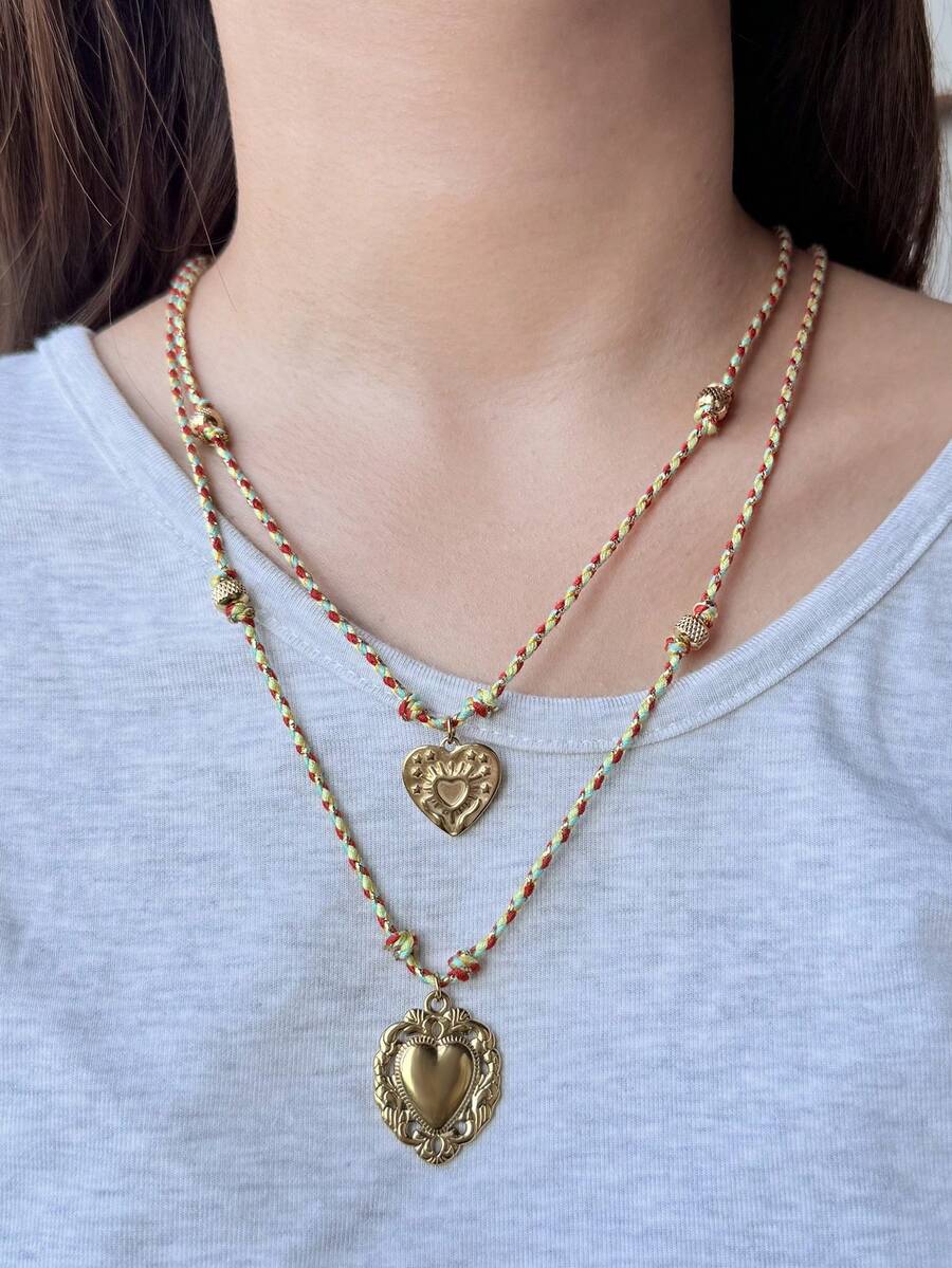 1pc Y2K Style Thanksgiving Colorful Handmade Rope Necklace With Stainless Steel Gold Heart Pendant, Suitable For Thanksgiving, Christmas Gifts And Wear - Multicolor - View 1