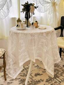 1pc Romantic Elegant White Exquisite Embroidered Rectangular Tablecloth, French Relief Embroidery Tablecloth, Polyester Fiber, Vintage Palace Style Coffee Table Dining Tablecloth, For Wedding, Home Decor, Birthday, Hawaiian Theme, Atmospheric American Background Cloth - White - View 5
