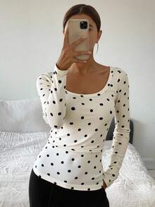 Livesso 秋季新款波点修身长袖印花T恤 - 白色 - 查看 5