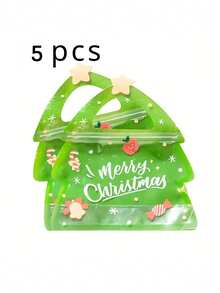5/25/50 Festive Christmas Gift Bags With Green Handles – Durable Plastic Gift Bags Suitable For Candies, Chocolates, And Cookies – Featuring Santa Claus, Christmas Tree, And Snowflake Designs, Ideal For Festive Gift Packaging, Christmas Eve Treats, And Holiday Decorations Christmas Christmas Decorations Christmas Pajamas Christmas Gifts Christmas Decor