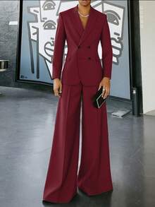 INCERUN Fashion Men Lapel Neck Long Sleeve Blazer Coat Jacket Wide-Leg Pants Trousers Party Business Commuting 2PCS Sets Outfits - 酒紅 - 查看 1