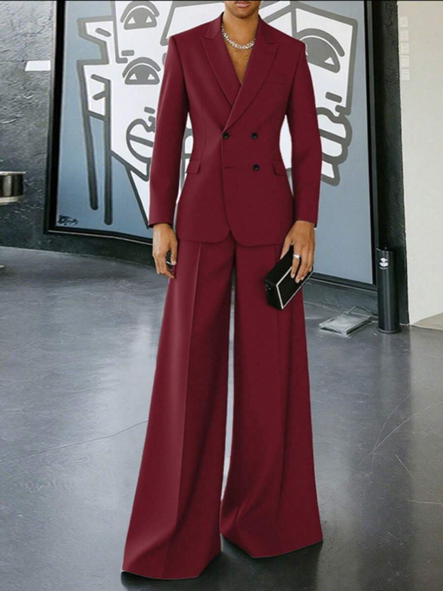 INCERUN Fashion Men Lapel Neck Long Sleeve Blazer Coat Jacket Wide-Leg Pants Trousers Party Business Commuting 2PCS Sets Outfits - 酒紅 - 查看 1