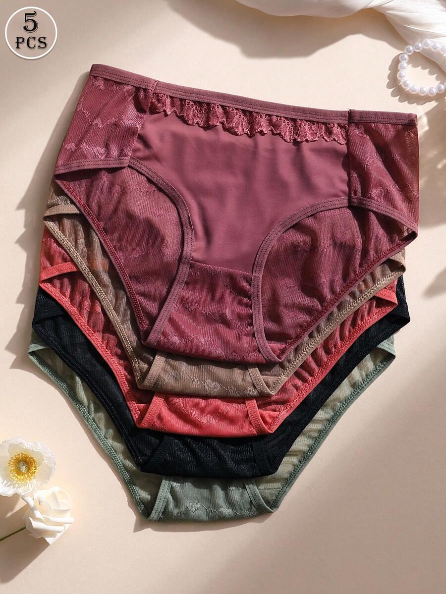 Calcinha feminina sexy de renda com 5 peças - Calcinha sem costura de seda gelada, cintura baixa, macia e respirável para ioga, treino e uso diário
