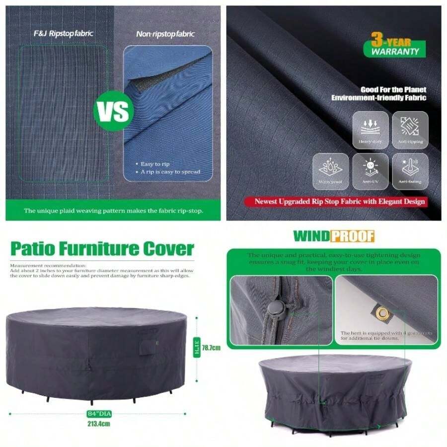 Outdoor - Fundas para muebles de patio al aire ltima intervensin, impermeable, resistente a los rayos, funda antidecoloracin para sillas de mesa redondas grandes, gris, 84 pulgadas de - 84" de diámetro x 31" de alto, gris - Ver 1