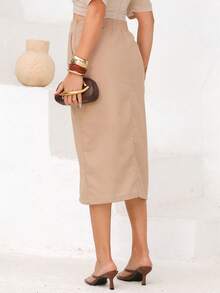 Linen Midi Skirt With Stylish Slit And Flexible Waist - Cappuccino - View 2