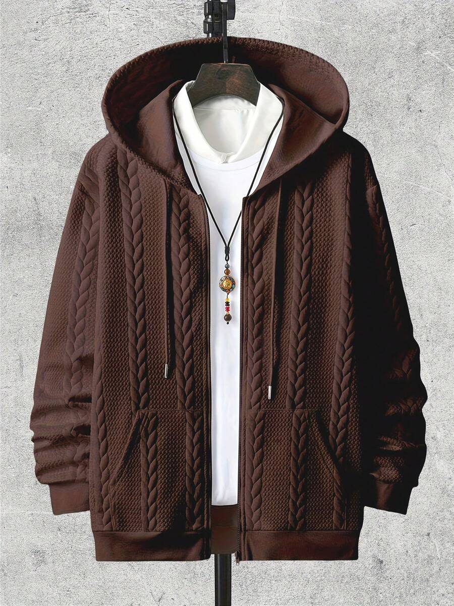 Men's Hooded Long Sleeved Fashionable Jacquard Knitted Autumn And Winter Casual Zipper Top Cardigan - Cà phê nâu - Xem 1