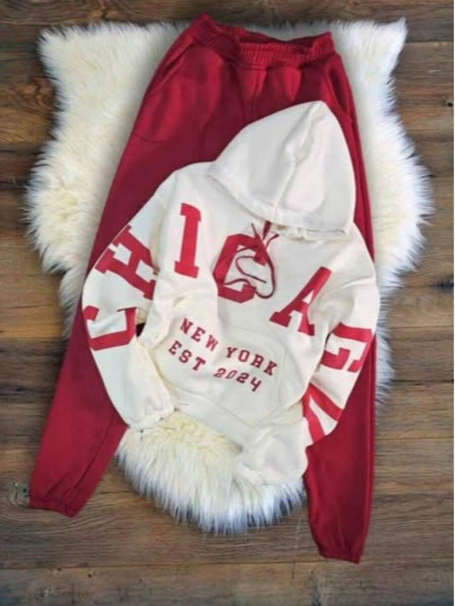 2 pack conjunto Sudadera hoodie con pantalon jogger pants mujer dama bolsillo canguro gorro capucha estampado grafico nombres de ciudades CHICAGO PARIS estilo americano juevnil moderno casual caliente frío uso diario | buena calidad | Textura Suave - Rojo - Ver 1