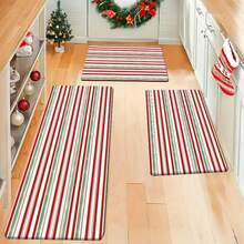 1/2/3 piezas Alfombras de cocina a rayas sencillas de Navidad - Diseño a rayas exquisito en rojo, verde y blanco - Decoración navideña, alfombra de cocina, felpudo, juego de alfombras para dormitorio y cocina, entrada, comedor, sala de estar, regalo - Multicolor - Ver 4