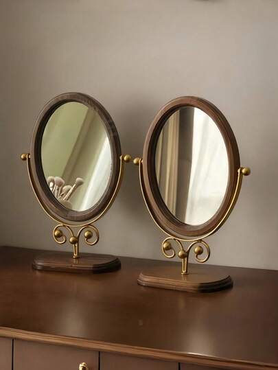 1 件复古卧室桌镜，实木可旋转梳妆镜带支架 - 中式化妆镜，适用于书桌/梳妆台 - 手工雕刻细节 - 送给新娘/收藏家/家居装饰师的完美礼物 - 非常适合乔迁和周年纪念礼物