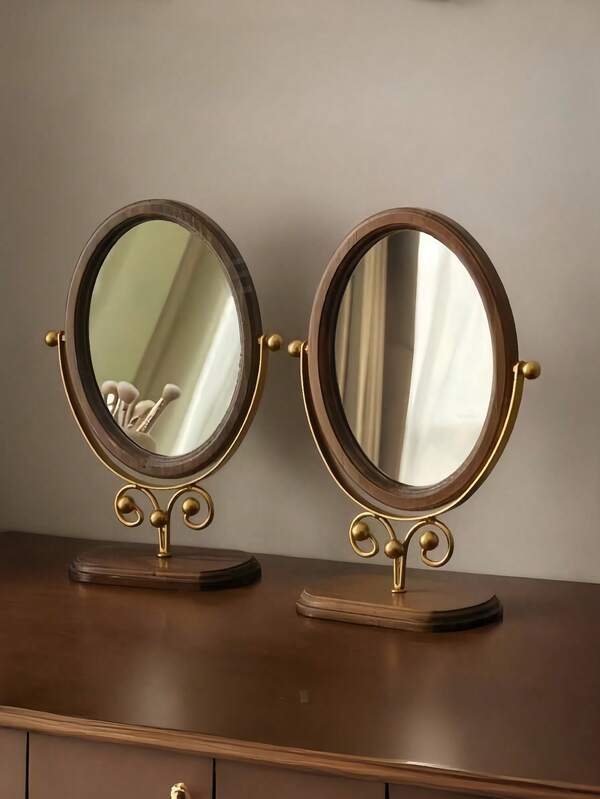 Espelho de mesa vintage para quarto, espelho de penteadeira giratório de madeira maciça com suporte, espelho de maquiagem estilo chinês para mesas/penteadeiras, detalhes esculpidos à mão, presente perfeito para noivas, colecionadores e decoradores de casa, ótimo para presentes de inauguração e aniversário.