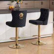 JEMAX Set Of 2 Glam Black Velvet Bar Stools With Lion Head Knocker Accent - Quilted Tufted Back, Studded Trim, Adjustable Height Gold Chrome Metal Base Counter Chairs For Kitchen Island, Home Bar, Royal Luxury Decor - 黑色 - 查看 1