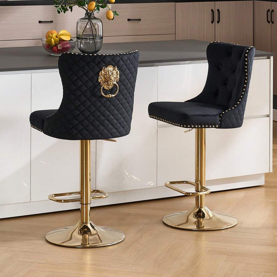 JEMAX Set Of 2 Glam Black Velvet Bar Stools With Lion Head Knocker Accent - Quilted Tufted Back, Studded Trim, Adjustable Height Gold Chrome Metal Base Counter Chairs For Kitchen Island, Home Bar, Royal Luxury Decor - 黑色 - 查看 1