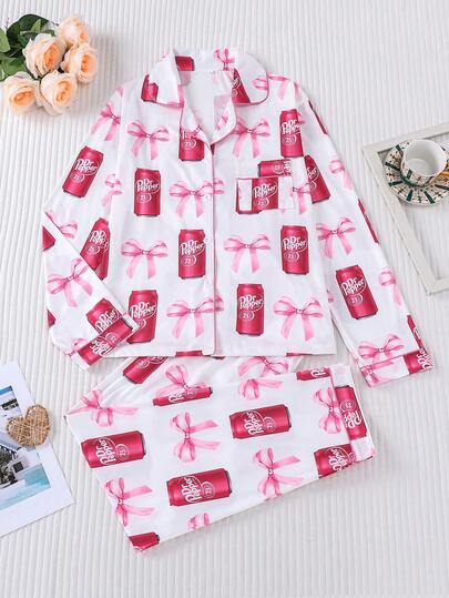 2pcs Autumn/Winter Women Sleepwear Clothes Set, Beverage & Bow Print, Fashionable & Elegant Outfit, Comfortable Shirt Collar Long Sleeve Top And Loose Elastic Pants, Suitable For Holiday Party, Casual Outdoor And Home Wear