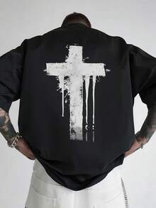 Camiseta blanca desgastada para hombres con estampado de cruz en la espalda - Camiseta casual de cuello redondo de manga corta para verano con gráfico en la espalda, lavable a máquina, usable para el día a día y atuendos casuales - Camiseta neutra versátil para eventos sociales y ropa de oficina - Negro - Ver 6