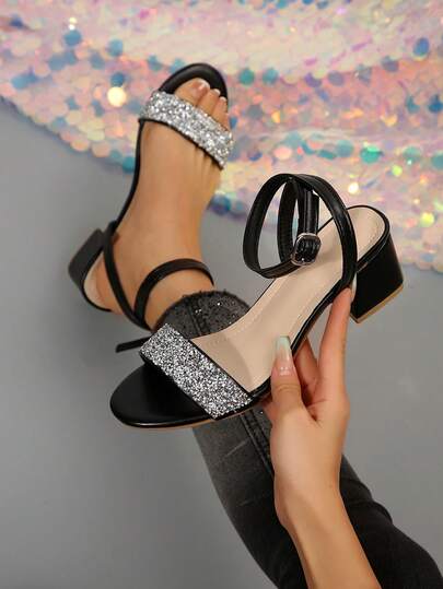 Shiny Silver Sequin Chunky Heel Sandals, The Stunning Summer Spotlight! The Upper Is Made Of Super Shiny Sequin Material, Which Shimmers Like A Starry Sky When Exposed To Light. Paired With A Minimalist Yet Stylishly Designed Transparent Strap, It Instantly Breaks The Monotony, Making Your Feet Feel Wrapped In Dazzling Starlight. Wearing These, You'll Easily Become The Center Of Attention Wherever You Go.