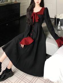 1 件时尚黑色束腰连衣裙，学院风百搭女士连衣裙，秋冬 - 黑色 - 查看 3