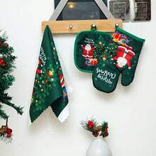 3pcs Christmas Snowman Baking Heat Resistant Gloves & Pot Holder Set, Thick Oven Microwave Gloves, Christmas Series Anti-Scald Gloves