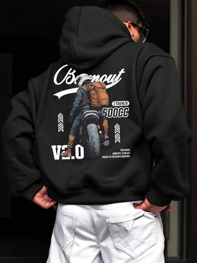 男士冬季新款运动休闲抽绳卫衣，背包客摩托车170公里/小时图案印花，保暖舒适，适合朋友、团队、俱乐部、冬季户外旅行、日常休闲和健身穿着，轻便运动，舒适的运动连帽卫衣，适合徒步旅行、钓鱼等活动，用途广泛。