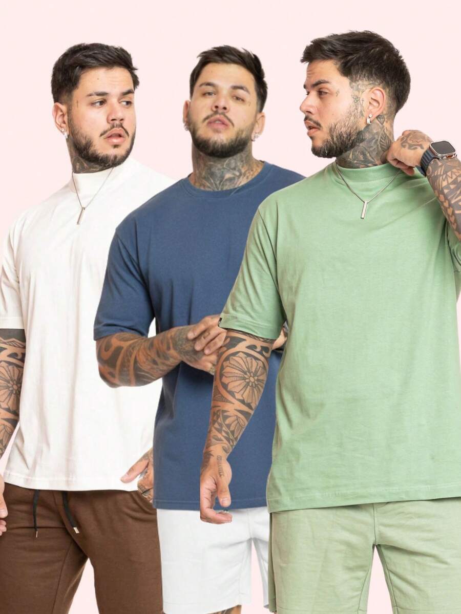 Kit 3 Premium Men's Oversized T-Shirts, Trap Street Style, Gringa Bodybuilder Cotton, Children's Day - 藍色,白色和綠色 - 查看 1