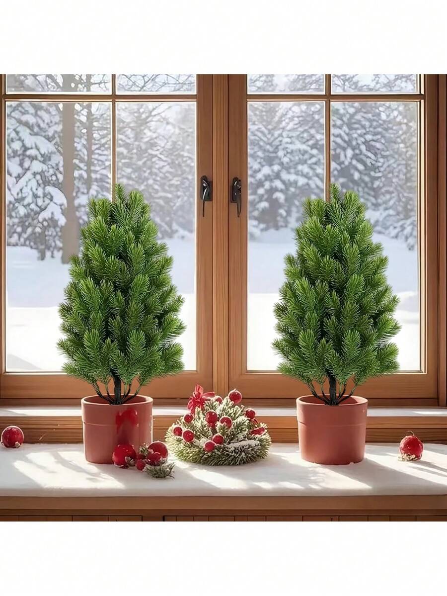 2 brazi de Crăciun artificiali din ace de pin - verdeață realistă pentru interior/exterior, inserții robuste cu țepi negri pentru pământ, fabricați din plastic rezistent la intemperii, potriviți pentru decorațiuni de sărbători în grădină și terasă, aceste mini ornamente de sărbători moderne, care nu necesită întreținere, sunt perfecte pentru Crăciun și Ziua Recunoștinței