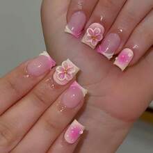 24Pcs Short Square Press On Nails Pink Gradient French Tip Nails With 3D Flower Ripple Design Glue On Nails Glossy Acrylic Nails Summer Full Cover Stick On Nails Women Girls Daily Wear - 鍍鉻金星弓-2 - 查看 1