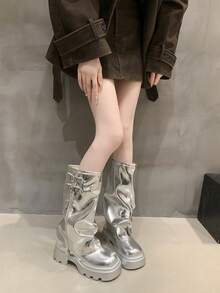 Shiny Fashion Flared Shaft Mid-Calf Boots, Versatile Slouchy Boots, Thick Sole Round Toe Women Boots, Street Style For Autumn/Winter
