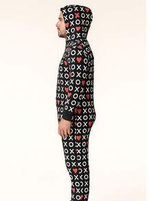 Pijama Mameluco de Una Pieza Estampado XOXO de Felpa Suave para Adulto con Cierre Kigurumi para Hombre - Negro - Ver 3