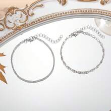 2 طقم أساور سلسلة رقيقة باللون الفضي، قابلة للتعديل، بتصميم بسيط وأنيق