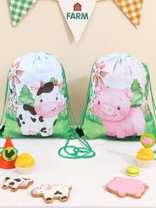 6pcs Farm Animal Drawstring Bundle Pocket, With Cow Sheep Chicken Pig Animal Double-Sided Design, Farm Animal Theme Birthday Party Gift Packaging Supplies Gift Bag, Durable Reusable Bags For Farm Animal Birthday Party Table Decoration Outgoing Backpack, Snack Storage Bag,Birthday Party Decoration, Party Favor