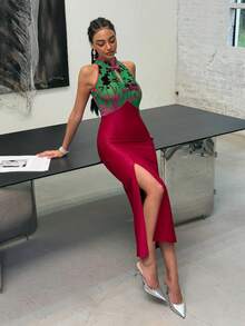 Faeriesty Women's Modern Chinese-Style Qipao: Small Stand-Up Collar, Sleeveless, Side-Split, Fabric-Spliced. Ideal For Formal Business Meetings, High-End Corporate Events, Traditional Cultural Galas, Prestigious Wedding Receptions, And Star-Studded Red-Carpet Ceremonies. - Red - View 4