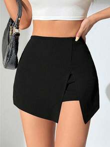 Elástica Cintura Mini Falda Pantalón Con Raja Frontal - Negro - Ver 1