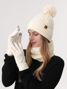 女士冬季针织帽、围脖和触屏手套三件套,双层保暖内衬,图案纹理面料,毛球装饰,适合滑雪、旅行、驾驶、约会、送礼、日常使用,情人节礼物 - 彩色 - 查看 15