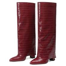 Women's Knee High Boots Fold Over Chunky High Heels Long Zipper Pointed Toe Boots Dress Fashion Winter Fall Boots For Women - 酒紅色 - 查看 2