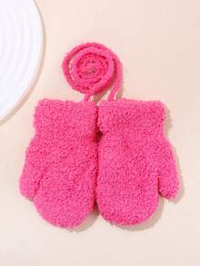 3双儿童冬季毛绒内衬针织保暖手套，带绳，适合幼儿和儿童