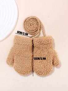 3双儿童冬季毛绒内衬针织保暖手套，带绳，适合幼儿和儿童